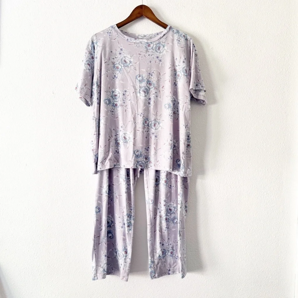 Flora Nikrooz Silky Soft Floral Lilac Pajama Lounge Set Coquette Cottagecore XL